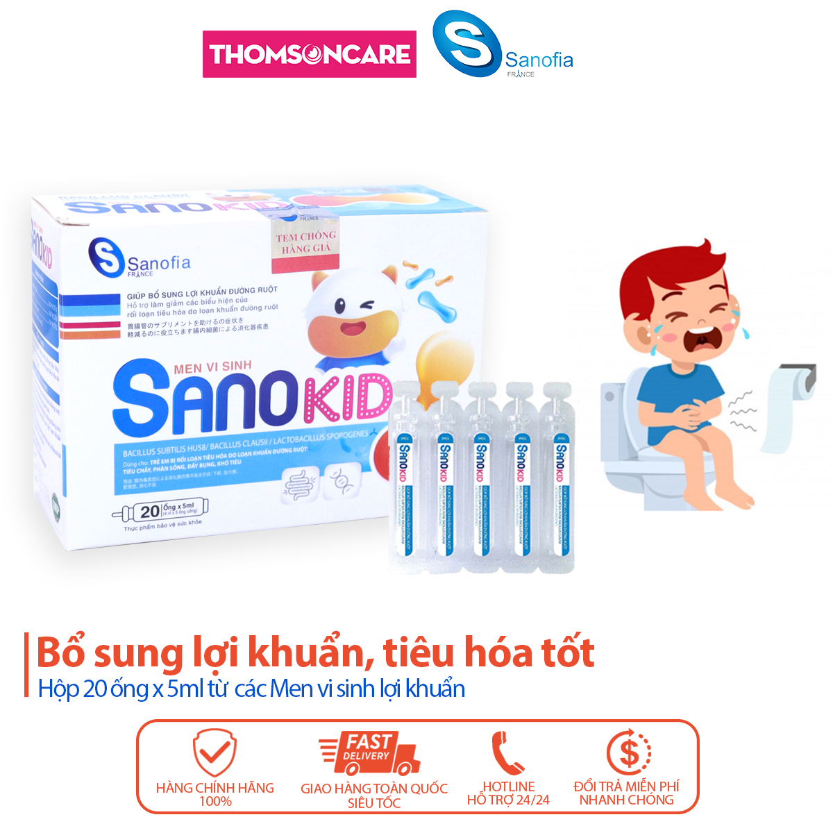 Men tiêu hóa Sanokid - Bổ sung lợi khuẩn đường ruột, ngăn ngừa tình trạng tiêu chảy, đầy bụng - Hộp 20 ống x 5ml Thomsoncare