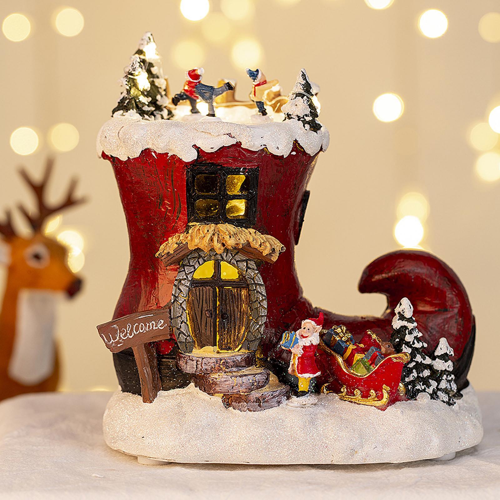 Rotating Boot House Music Box Christmas Ornament Table Centerpiece with Light Santa Claus Figurines for Home Dorm Restaurant