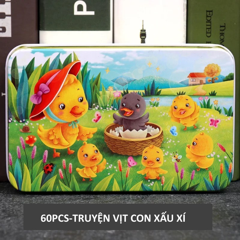 Xếp hình gỗ Puzzle 60 mảnh có hộp thiếc mẫu ngẫu nhiên - Đồ chơi phát triển trí tuệ, đồ chơi gỗ