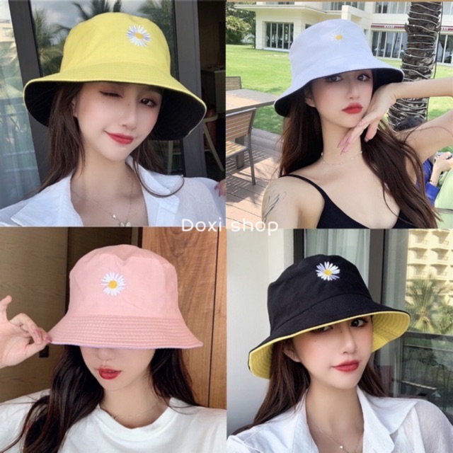 mũ xinh <3 <3 MŨ BUCKET 2 MẶT thêu HOA CÚC NAM NỮ siêu kute - ĐEN-ĐỎ