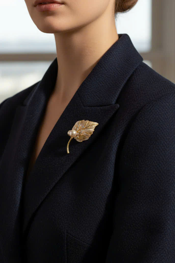 Trâm Cài Áo Vest, Áo Dài Xà Cừ Đính Ngọc Trai Baroque Hình Chiếc Lá thời trang thiết kế Hity ACC413