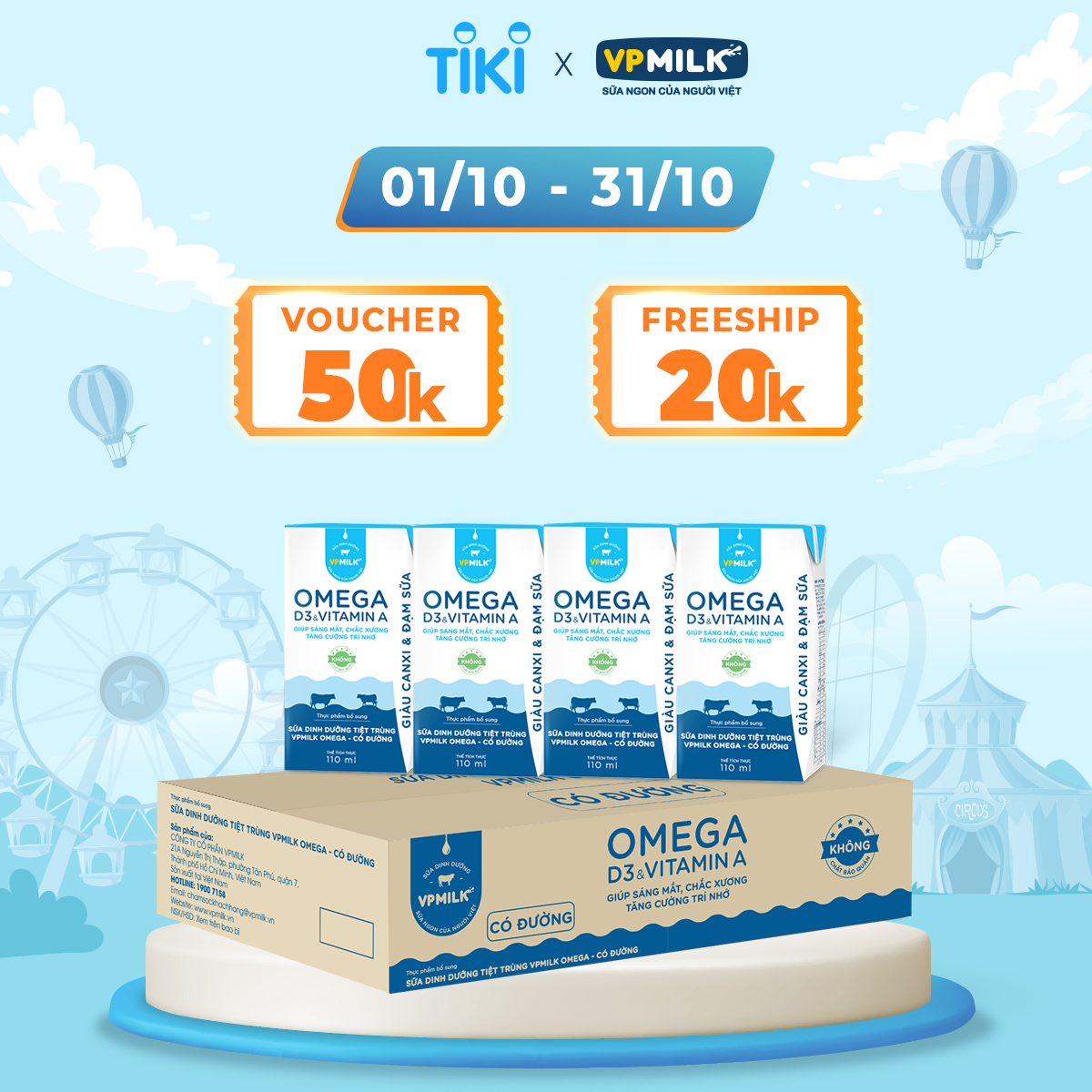 Sữa Dinh Dưỡng Tiệt Trùng VPMilk Omega Có Đường dạng hộp cho bé trên 1 tuổi 110ml (thùng 48 hộp)