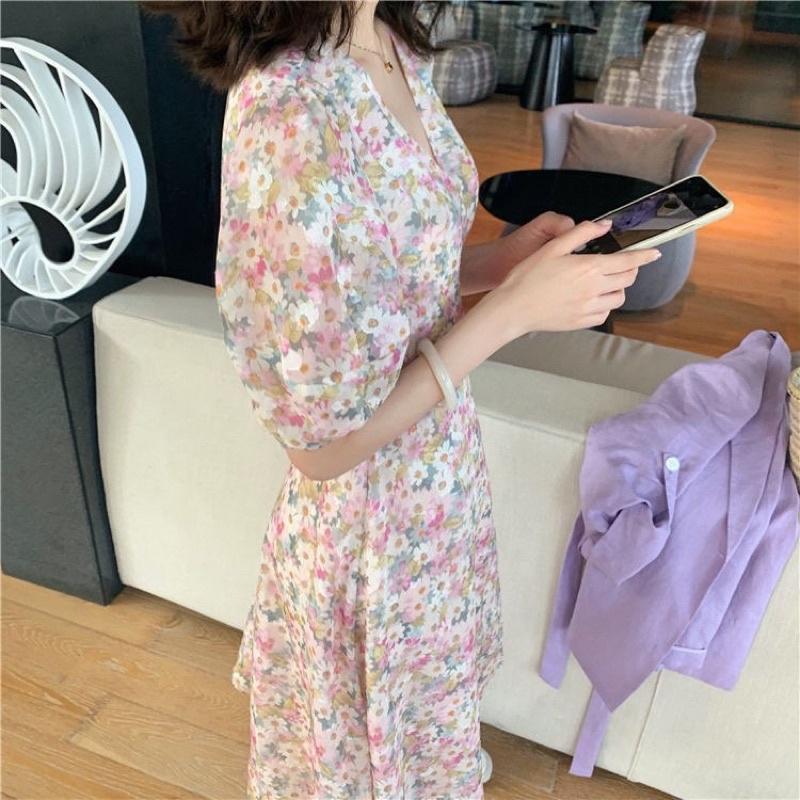 Váy Hoa Nhí Cổ V, Đầm Hoa Nữ Tay Bèo Dáng Dài Váy Vintage, Váy hoa maxi