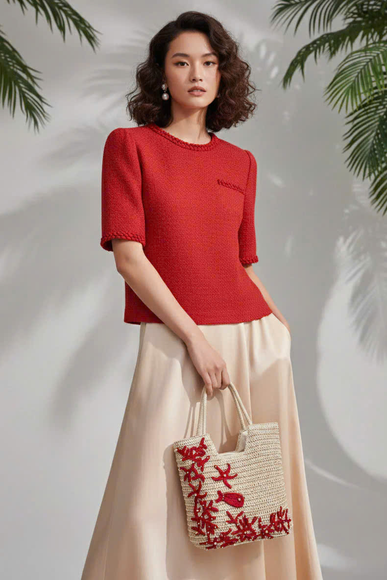 Áo Croptop Cổ Tròn Tếch Sam Tweed Đỏ Top213 thời trang thiết kế Hity