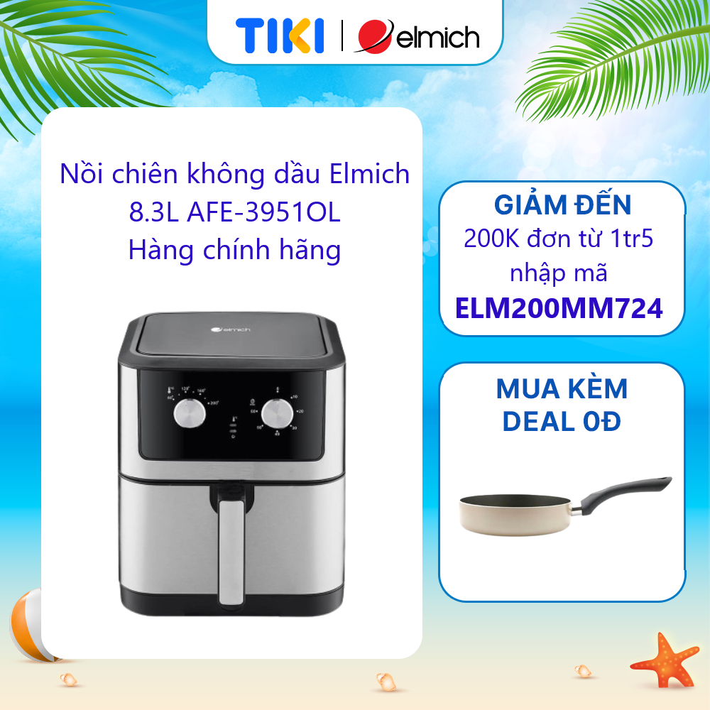 Nồi chiên không dầu Elmich 8.3L AFE-3951OL, công suất lớn 1800W – 2150W, làm chín thức ăn nhanh, chất liệu chống dính cao cấp, an toàn cho sức khỏe - Hàng chính hãng