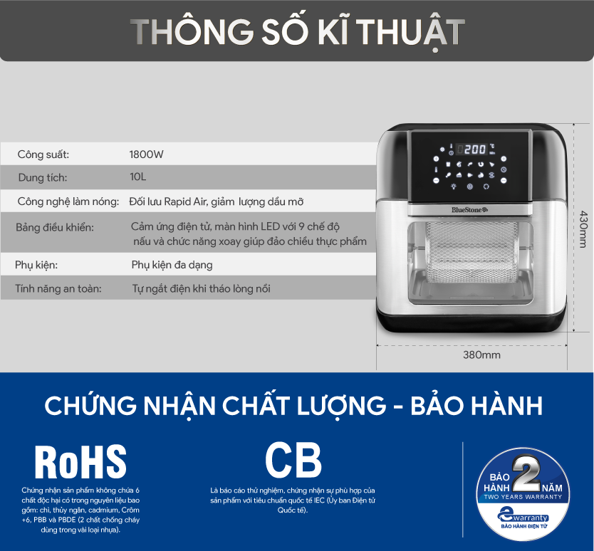 Nồi Chiên Không Dầu Điện Tử BlueStone AFB-5888 (10 Lít) - Hàng Chính Hãng