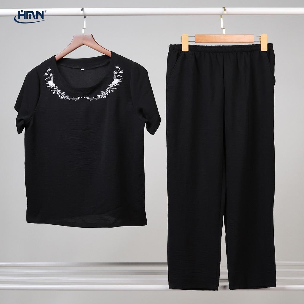 Set đồ bộ trung niên nữ áo thun tay ngắn thêu hoa cổ và quần dài vải đũi linen mềm mịn - HMN Fashion