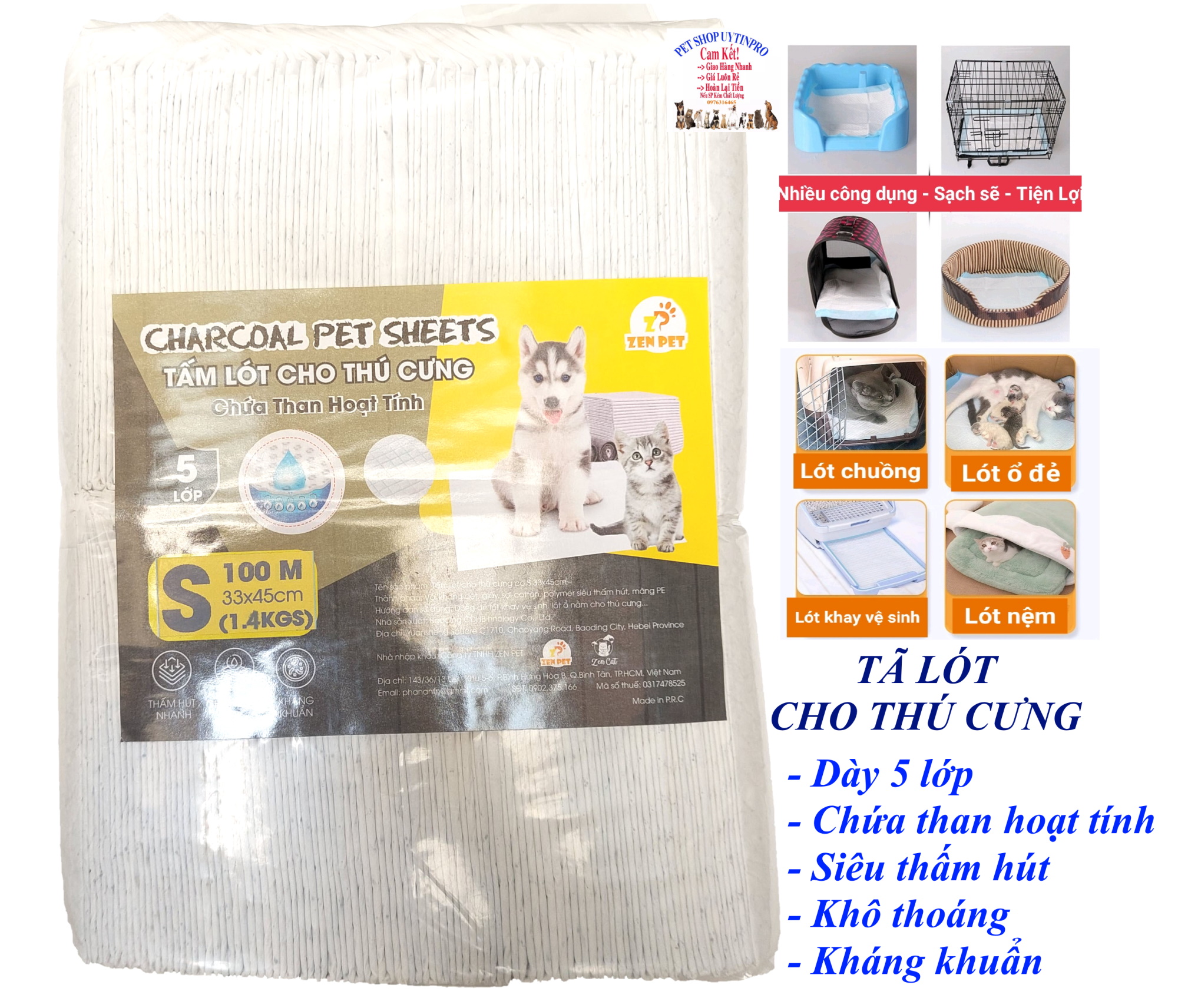 Tã lót chuồng cho Chó Mèo Chứa than hoạt tính Zen Pet Charcoal Pet Sheets 5 lớp Siêu thấm hút, khô thoáng, kháng khuẩn