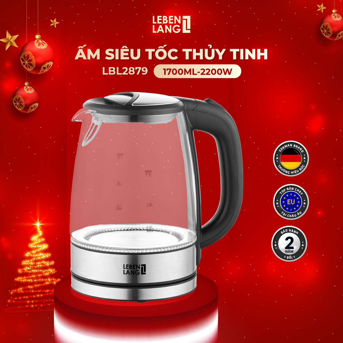 Ấm siêu tốc LEBENLANG LBL2879 bằng thủy tinh chịu nhiệt - hành chính hãng