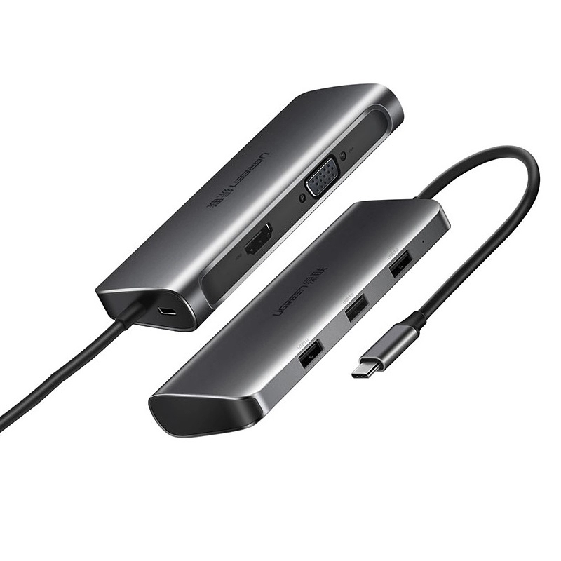 Cáp chuyển đổi USB-C dương Sang 1*HDMI âm, 1* VGA âm, 3*USB 3.0 Vỏ Nhôm có hổ trợ USB-C PD Power cáp dài 25cm màu Xám Ugreen TC50319CM163 Hàng chính hãng.