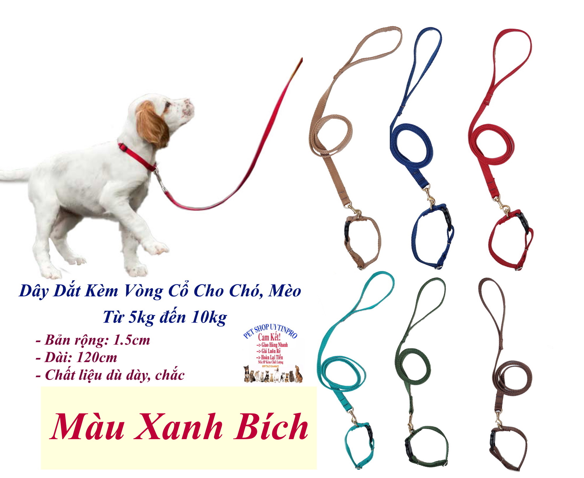 Dây dắt kèm vòng cổ cho Chó Mèo từ 5kg đến 10kg Bản rộng 1.5cm Không in hình Chất liệu dù dày, Bền, Chắc, Cao cấp