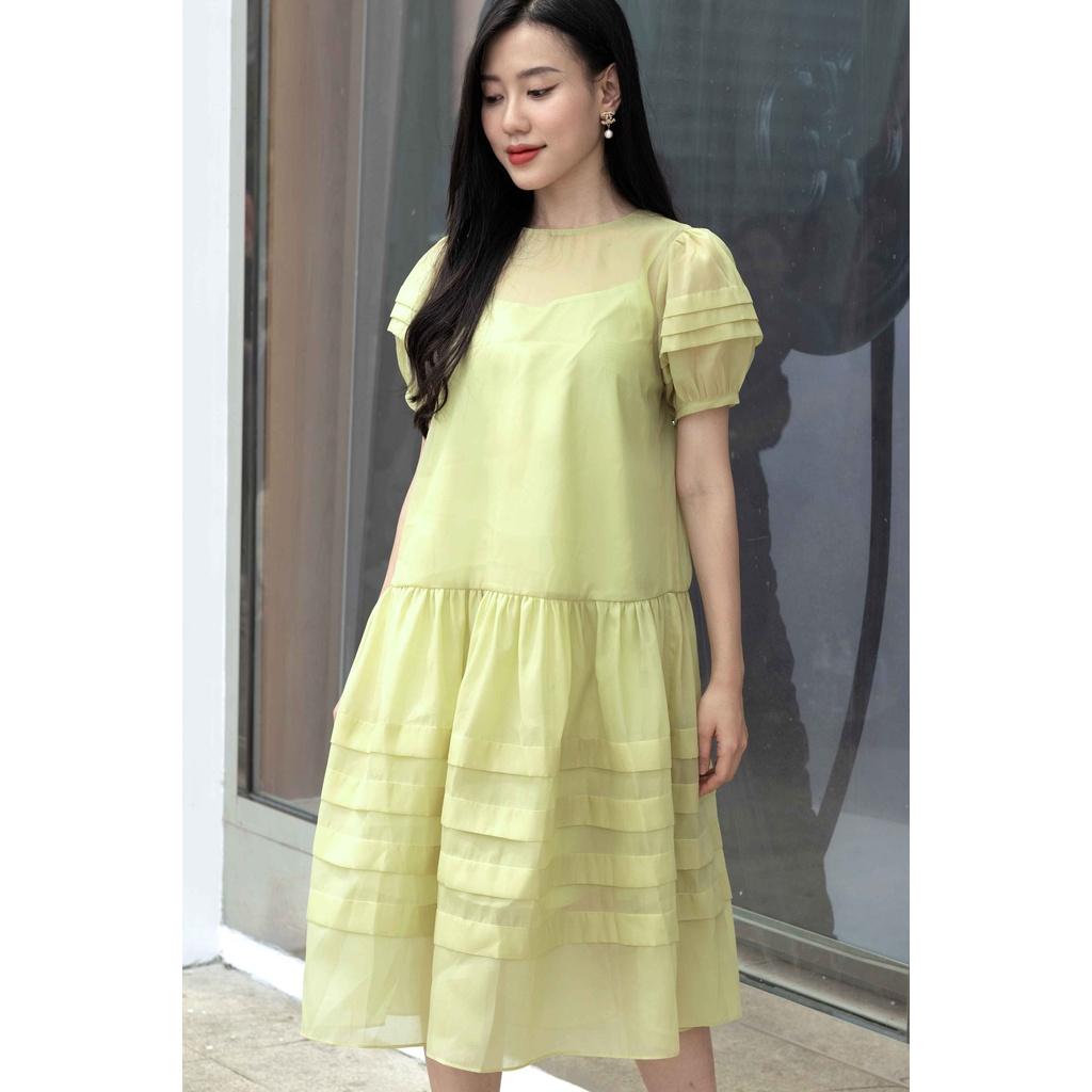 SHEAZ Đầm dáng baby xòe tơ màu xanh bơ cúc ngọc trai đá
