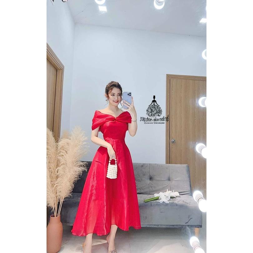 Váy đầm nữ dáng xòe kiểu bẹt vai kết nơ ngực sang trọng thanh lịch thích hợp mặc đi dự tiệc