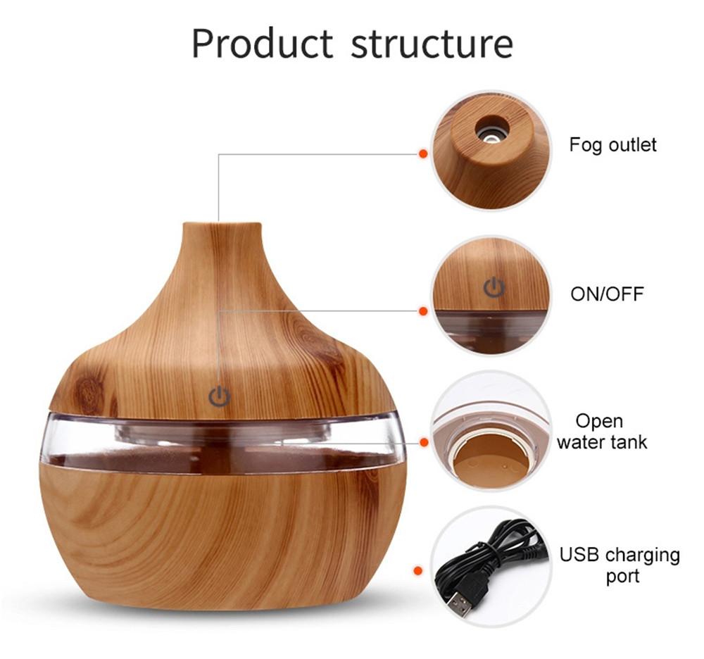 300Ml Máy Phun Sương Tạo Độ Ẩm Tinh Máy Khuếch Tán Tinh Dầu Siêu Âm Thanh Vân Gỗ Máy Tạo Độ Ẩm Không Khí USB Mini Phun Sương Tạo 7 Đèn LED xe Nhà