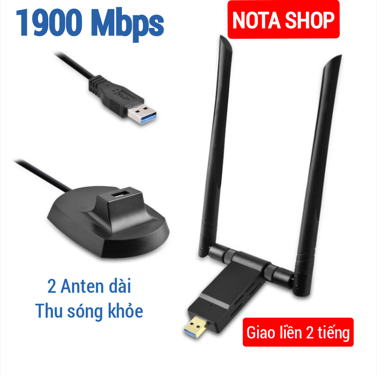 Nâng cấp WiFi 5G dễ dàng với USB WIFI 3.0 siêu tốc 1900Mbps bắt 5GHz cho máy bàn PC laptop - Nota 1900Mb Anten Đôi Pro