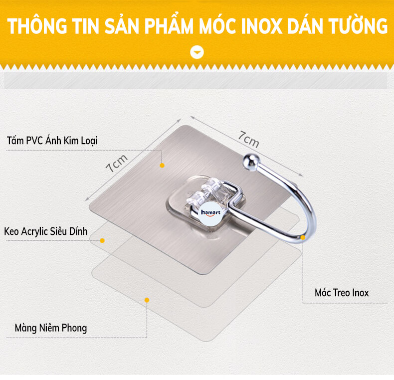 Móc Inox Dán Tường Chịu Lực 15KG Hamart Móc Treo Đồ Nặng Dán Tường Chất Lượng Cao