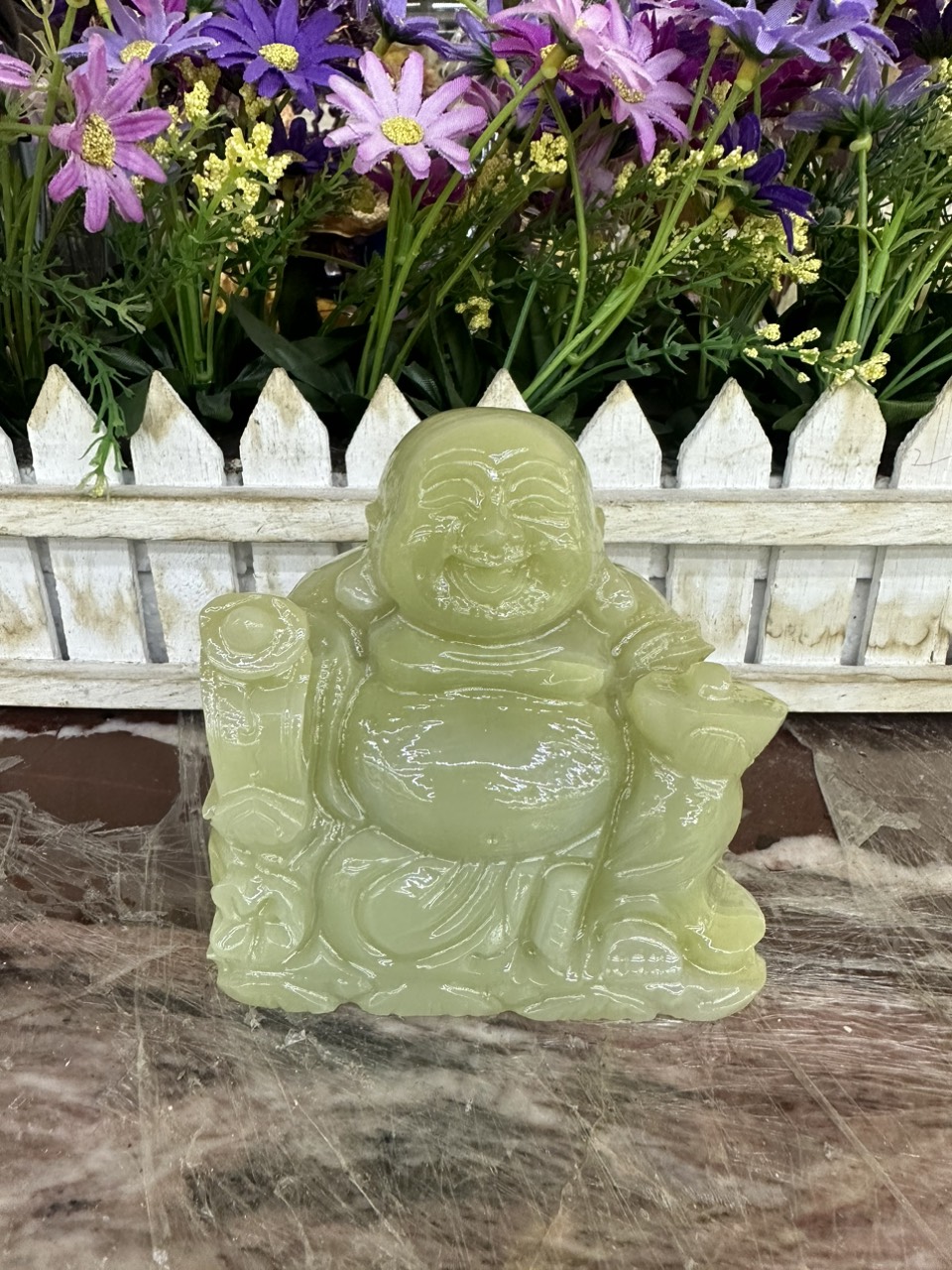 Tượng Phật Di Lặc ngồi cầm thỏi vàng phong thủy đá ngọc Onyx - Dài 10 cm