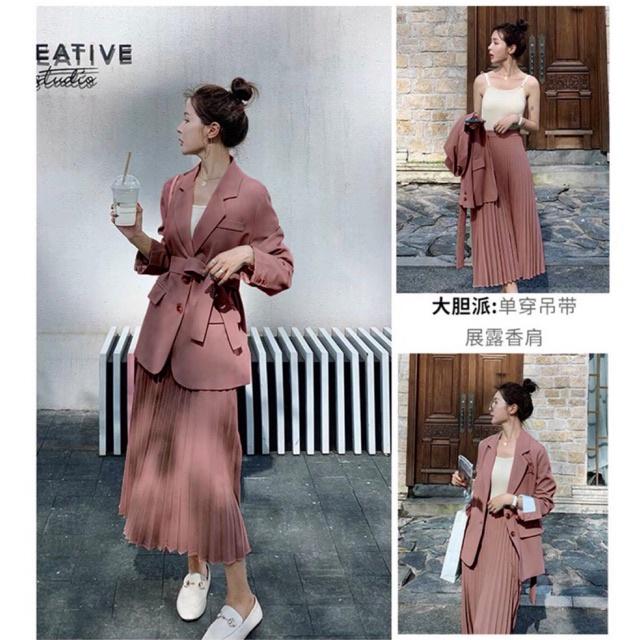 SET ÁO BLAZER & CHÂN VÁY DẬP LY - Notched Collar Belted Blazer & High Waist Pleated Skirt - BY BNS RÓPIN SET BNS001