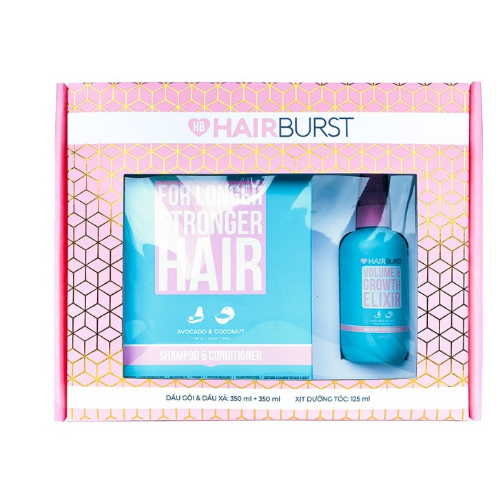 Combo Hairburst Set Gội Xả Kích Thích Mọc Tóc 300ml/Chai và Xịt Volume and Growth Elixir Tạo Độ Phồng Và Kích Thích Mọc Tóc 125ml 