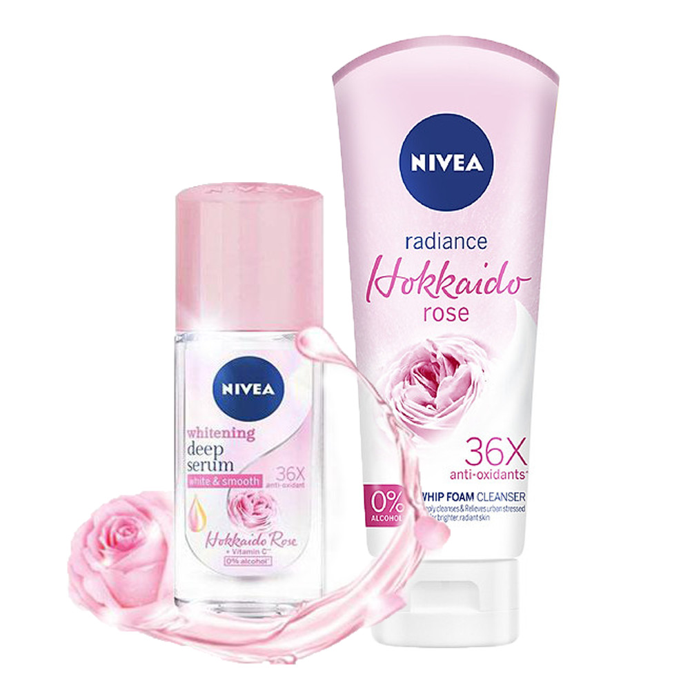 Bộ Đôi Nivea Hương Hoa Hồng Hokkaido Dưỡng Da Trắng Mịn: Lăn Ngăn Mùi Serum (40ml)+Sữa Rửa Mặt Tạo Bọt (100ml)