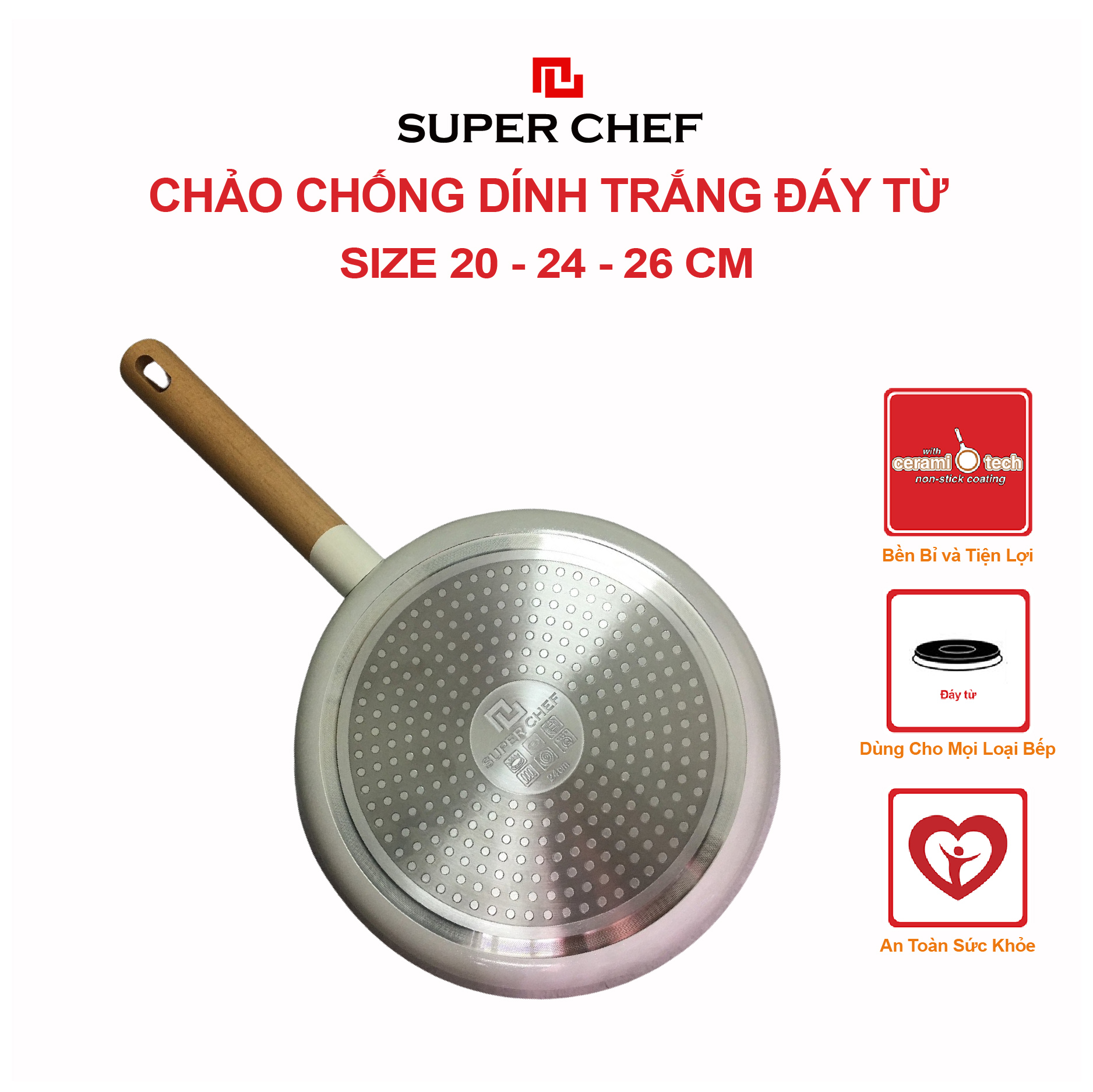 Chảo chiên SUPER CHEF hợp kim tráng men trắng đáy từ bền bỉ, tiện lợi