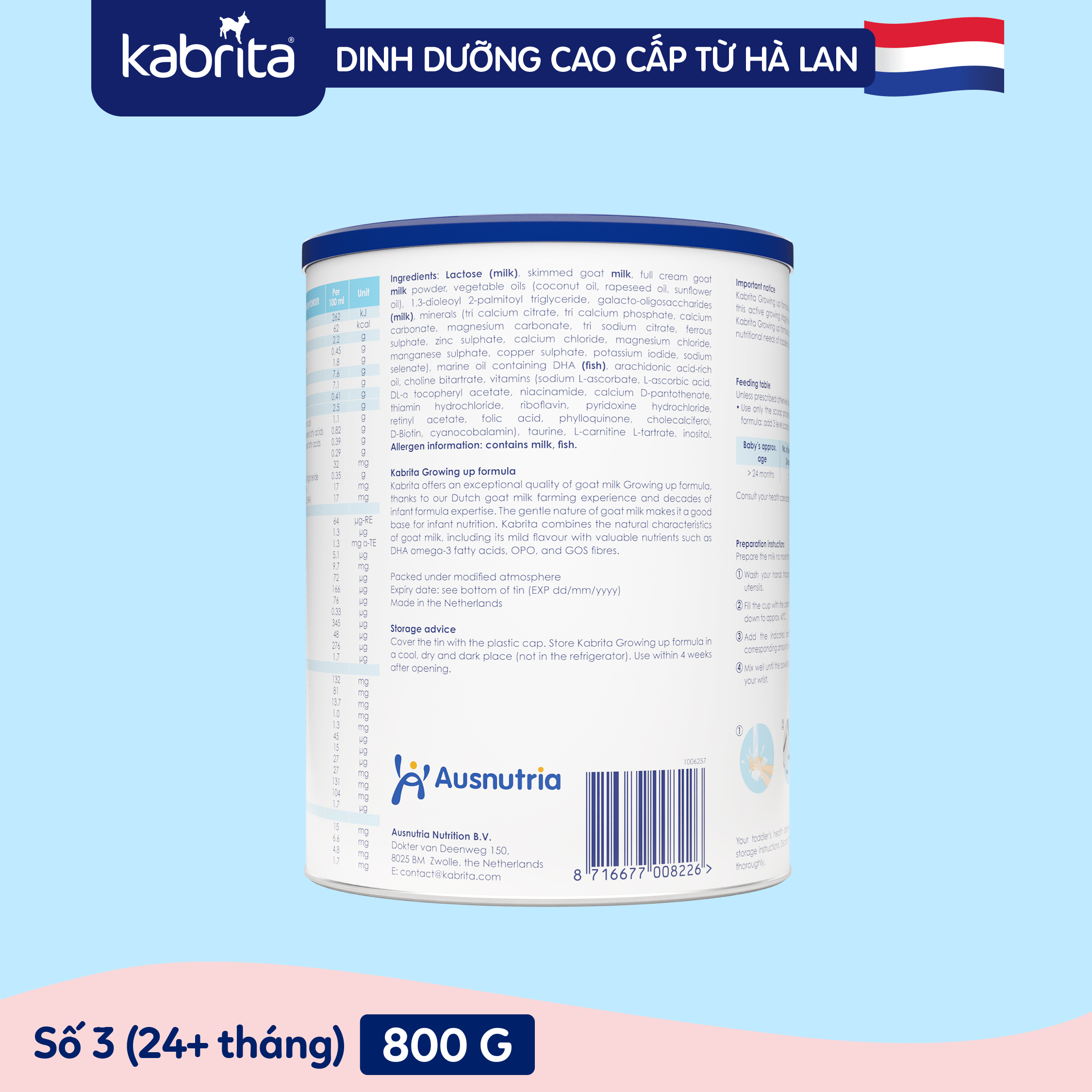 Sữa dê Kabrita số 3 cho trẻ trên 24 tháng - Lon 800g