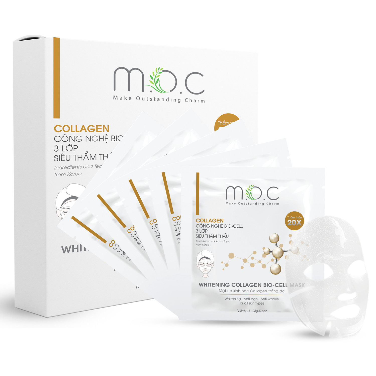 Mask Sinh Học Collagen Trắng Da M.O.C - Tặng 1 Mask Trắng Da Collagen M.O.C - Se khít lỗ chân lông, chống lão hóa da (5 Miếng/Hộp)