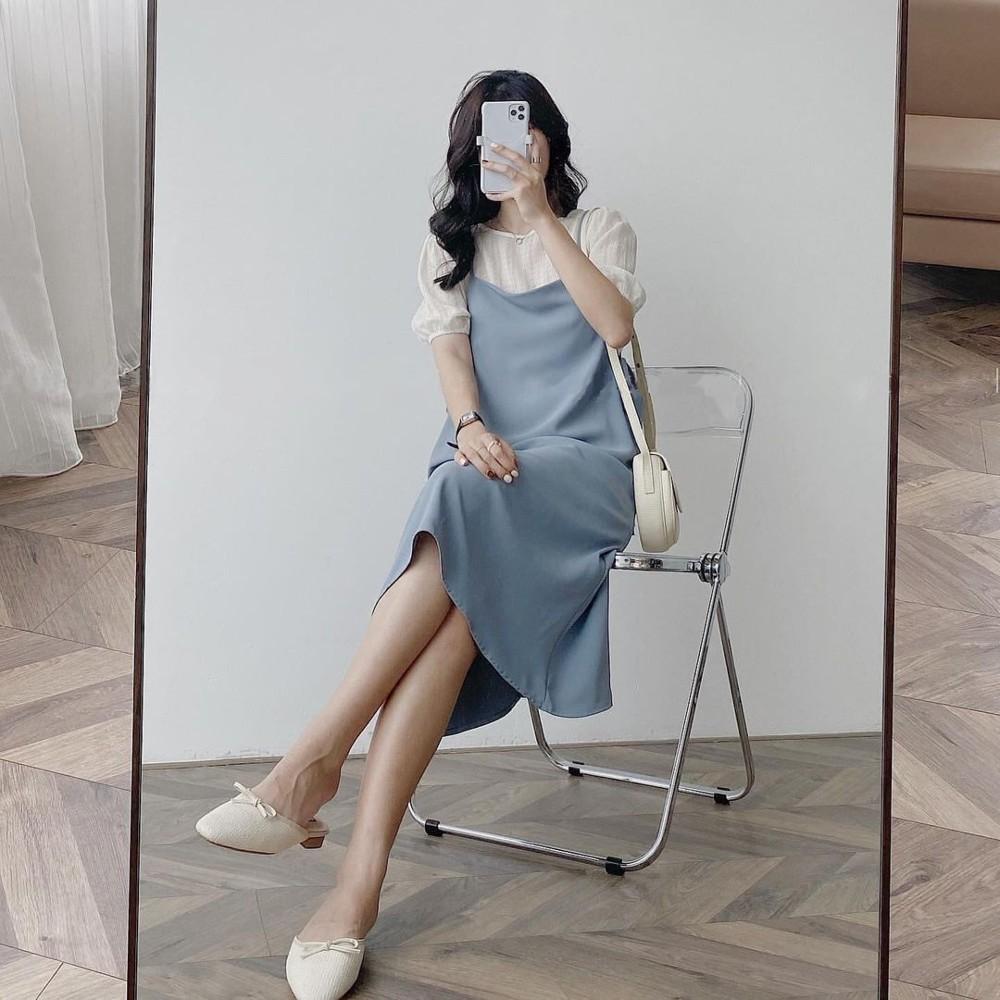 Set váy nữ dáng suông buộc dây eo - yếm kèm áo tay bồng Ulzzang S-Y
