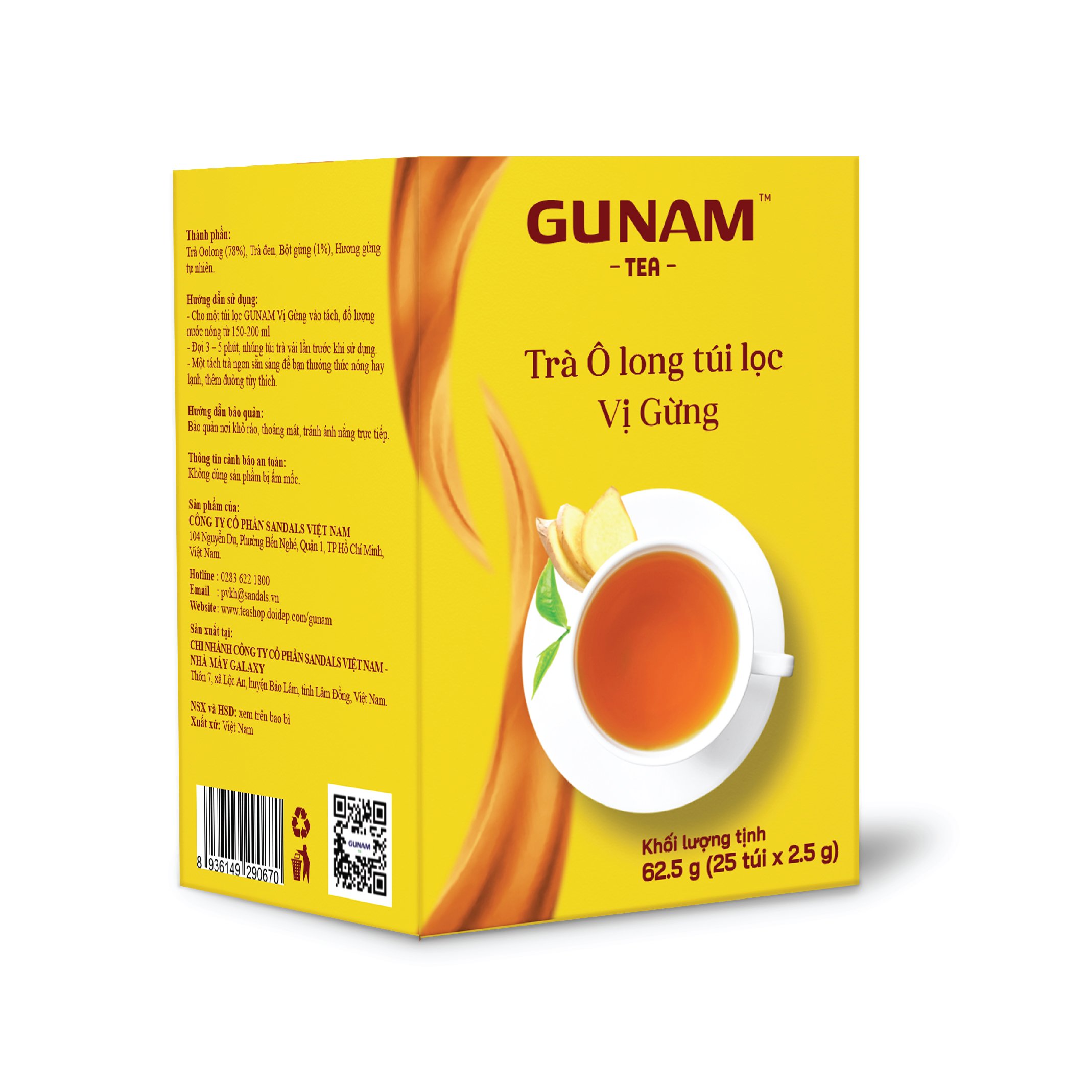 Combo 2 hộp trà Olong túi lọc GUNAM vị gừng (hộp 25 gói x 2,5g)