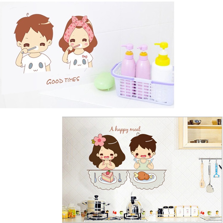 Decal hình Couple đánh răng và ăn đùi gà dễ thương AmyShop ( 35 x 50 cm)