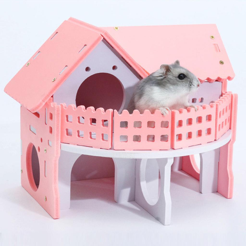 Double Layers Hamster Wooden Pink Villa House Small Pet Hideout Rats Home