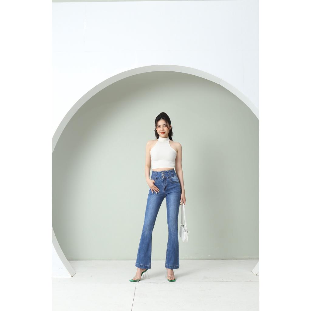 Quần Jean Nữ Ống Loe Lưng Cao 3 Cúc Co Giãn Trơn Dáng Dài Gấu Bản To CT Jeans