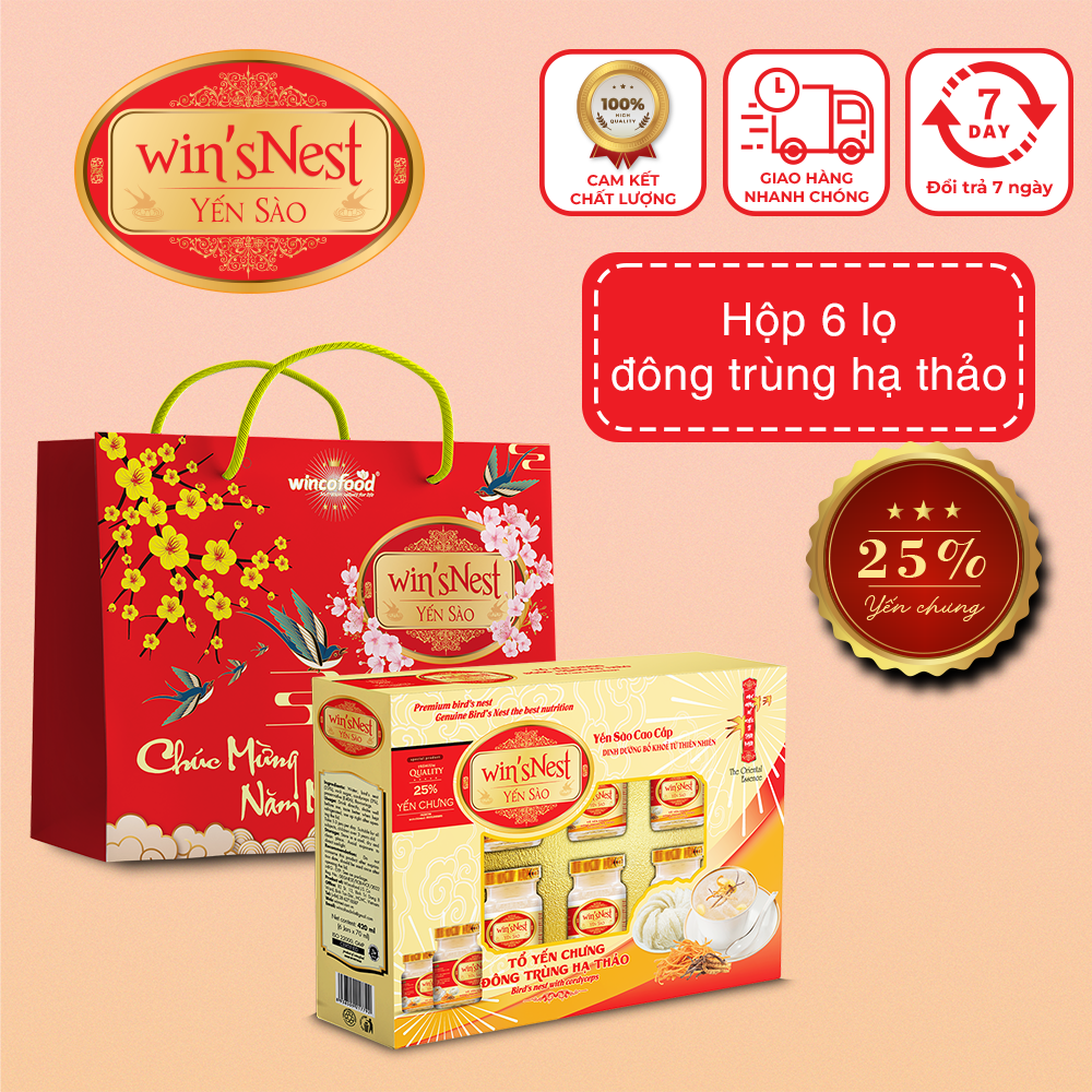 XUÂN 2025 - Yến Sào wins'Nest 25% tổ yến chưng đông trùng hạ thảo (6 Lọ x 70 ml / Hộp)