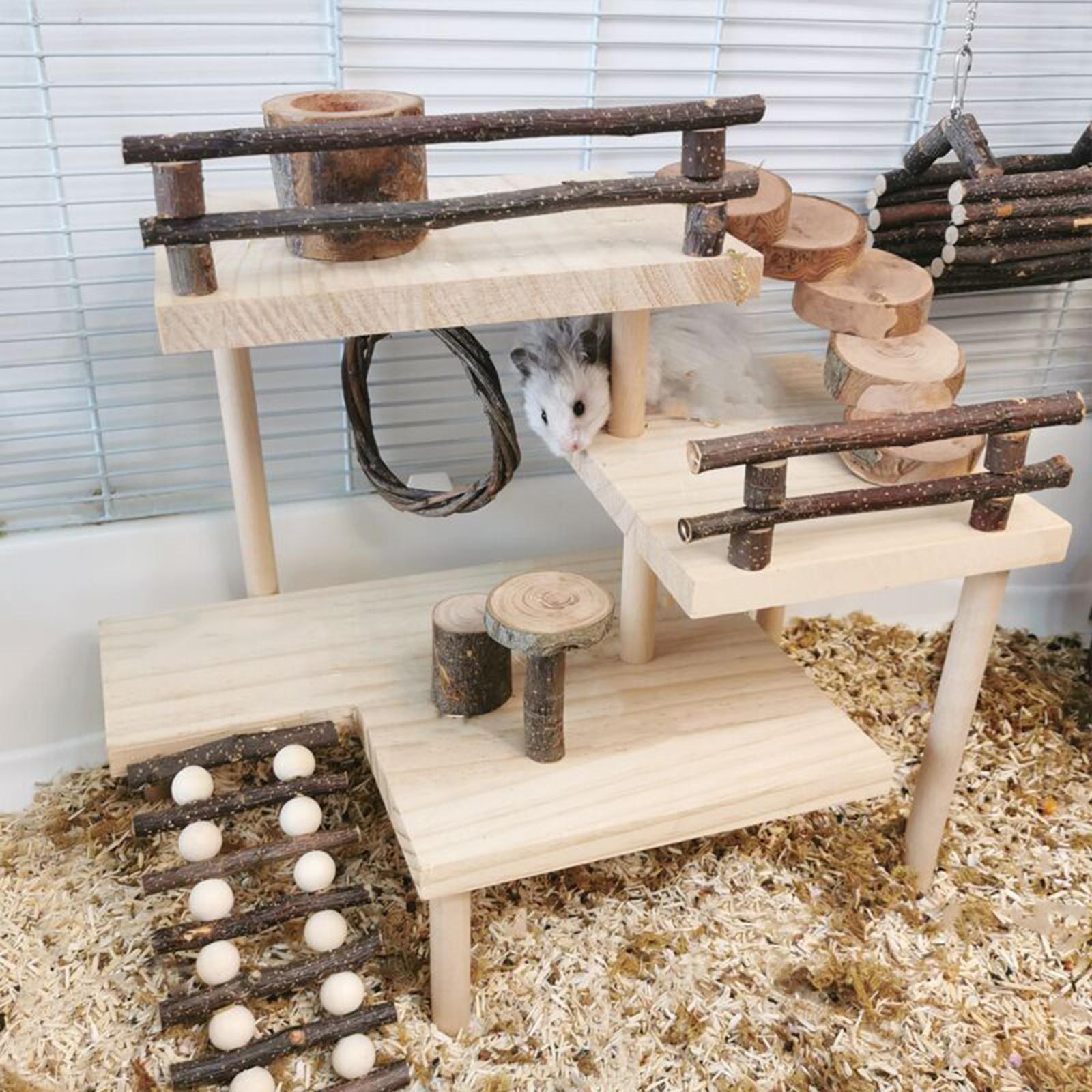 3 Layers Hamster Toy, Habitat Stand Table with Fence Climbing Ladder Natural Wooden Platform for Squirrel Hedgehog Pets Dwarf Hamster Gerbil