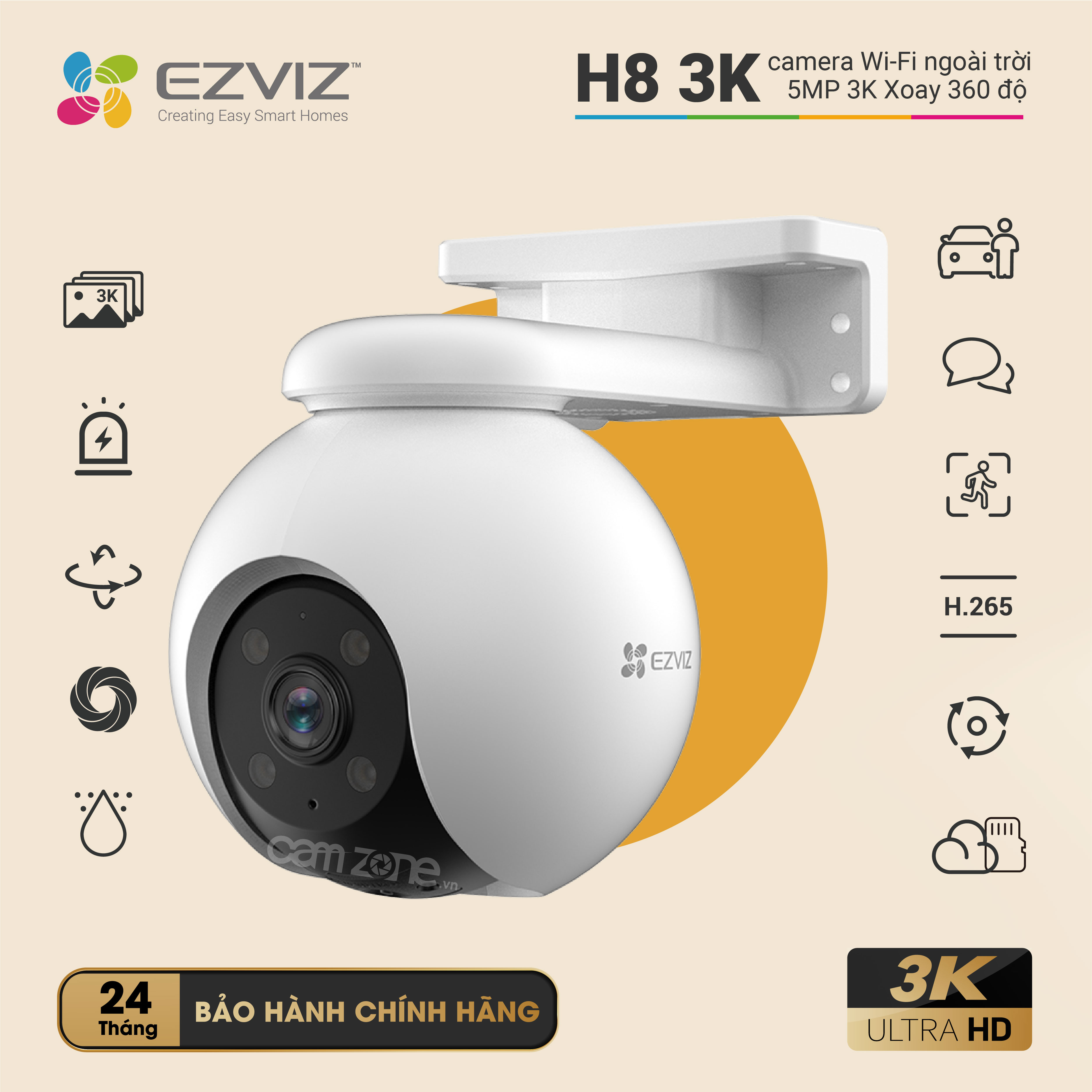 Camera wifi,Camera ezviz ngoài trời H8 5MP , quay quét, 5.0 megapixel,màu ban đêm,đàm thoại hai chiều - Hàng chính hãng Bảo hành 24 tháng