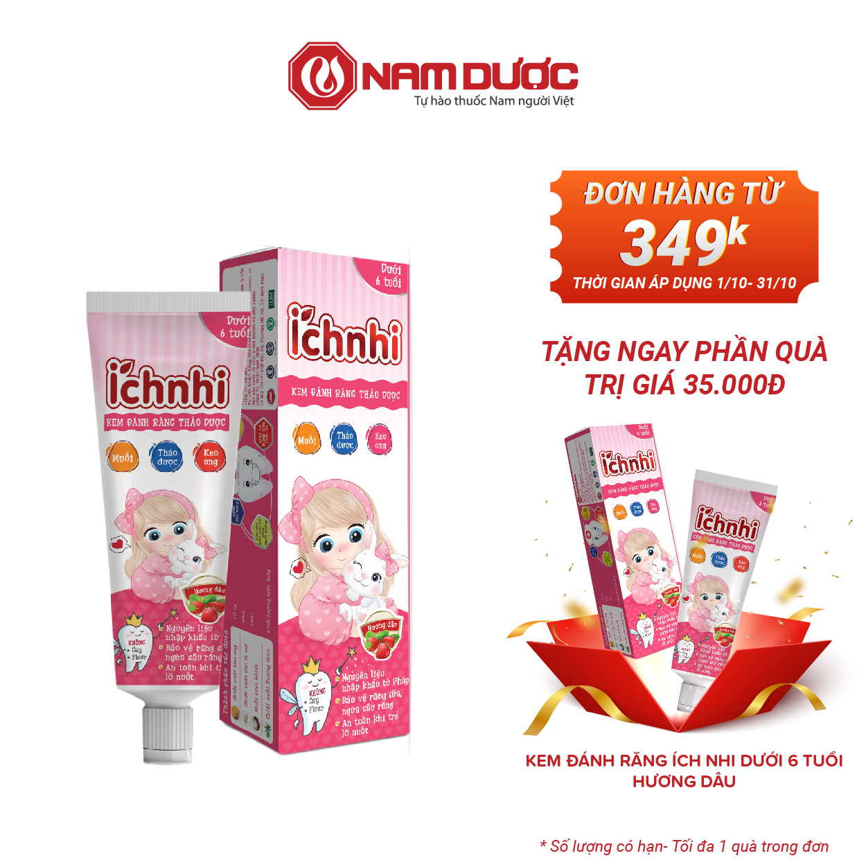 Kem đánh răng thảo dược Ích Nhi Nam Dược hương dâu tuýp 50g cho bé &amp;lt; 6 tuổi nuốt được, ngừa sâu răng