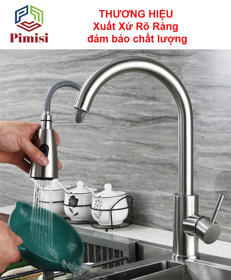 Vòi rửa bát nóng lạnh dây rút inox 304 Pimisi dùng cho chậu rửa chén bát trong nhà bếp gắn chậu với đầu vòi 2 chế độ nước tăng áp và dây rút mềm tiện lợi đa năng | Hàng chính hãng