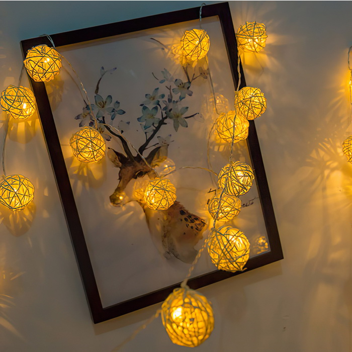 Dây đèn led quả cầu mây 10 bóng, Dây đèn led 10 bóng hình quả cầu mây trang trí sinh động đẹp mắt - Đèn màu vàng