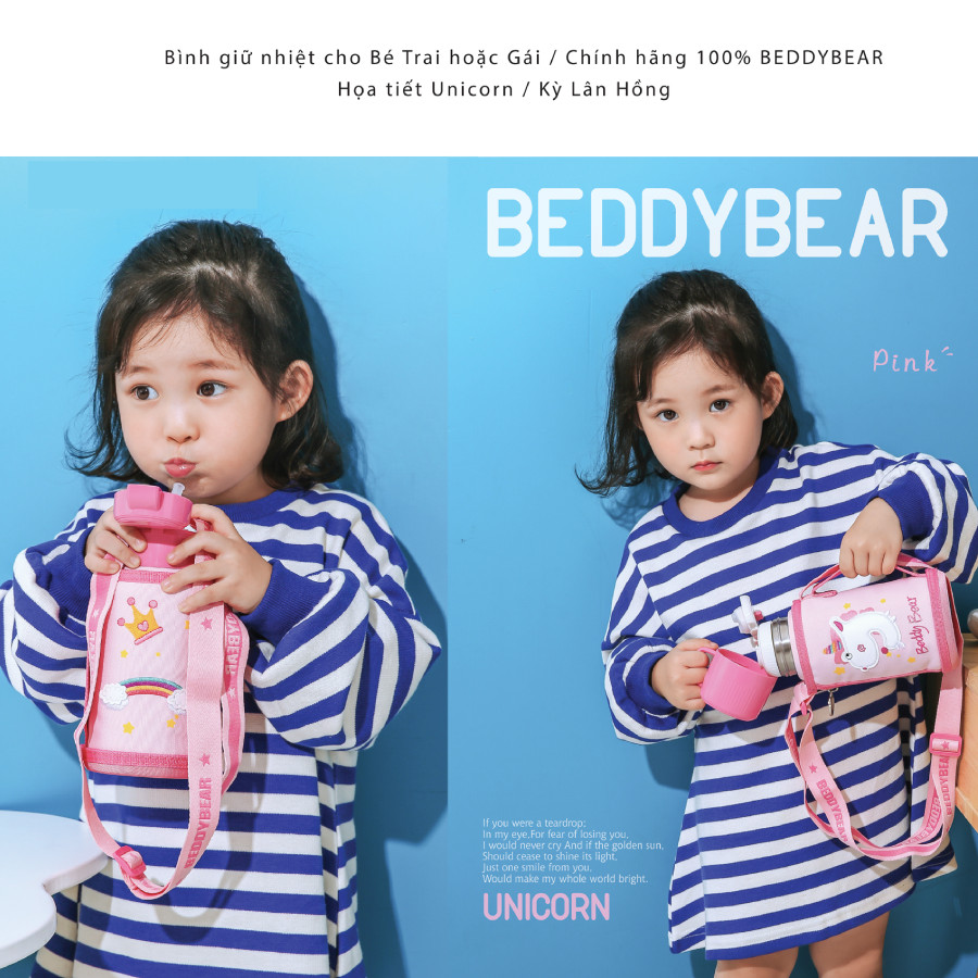 Bình giữ nhiệt cho Bé Gái Chính hãng 100% BEDDYBEAR - Dung tích 600 ml - 2 Nắp thay thế - họa tiết Unicorn-Kỳ Lân - phù hợp Bé từ 2 tuổi trở lên - Bảo hành chính hãng 2 năm