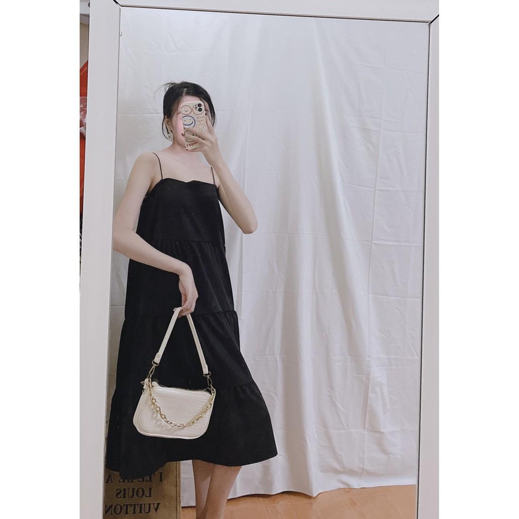 Váy, Đầm Maxi Đen Nữ 2 Dây Bún Hở Lưng Màu Đen