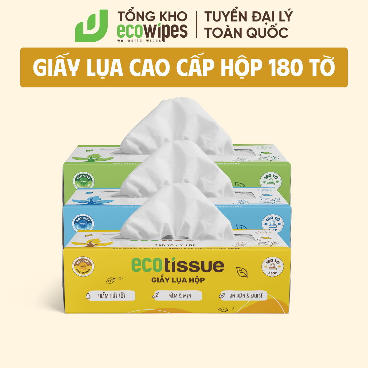 Khăn giấy ăn khăn giấy lụa Ecotissue hộp cao cấp 180 tờ siêu mềm mịn thấm hút tốt an toàn khi sử dụng