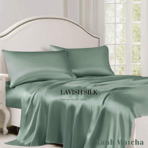 Trọn Bộ Ga Gối Lụa Kèm Chăn Sẵn Ruột + Tặng Bộ Quà Tặng Lavish Silk Cao Cấp - Xanh Matcha