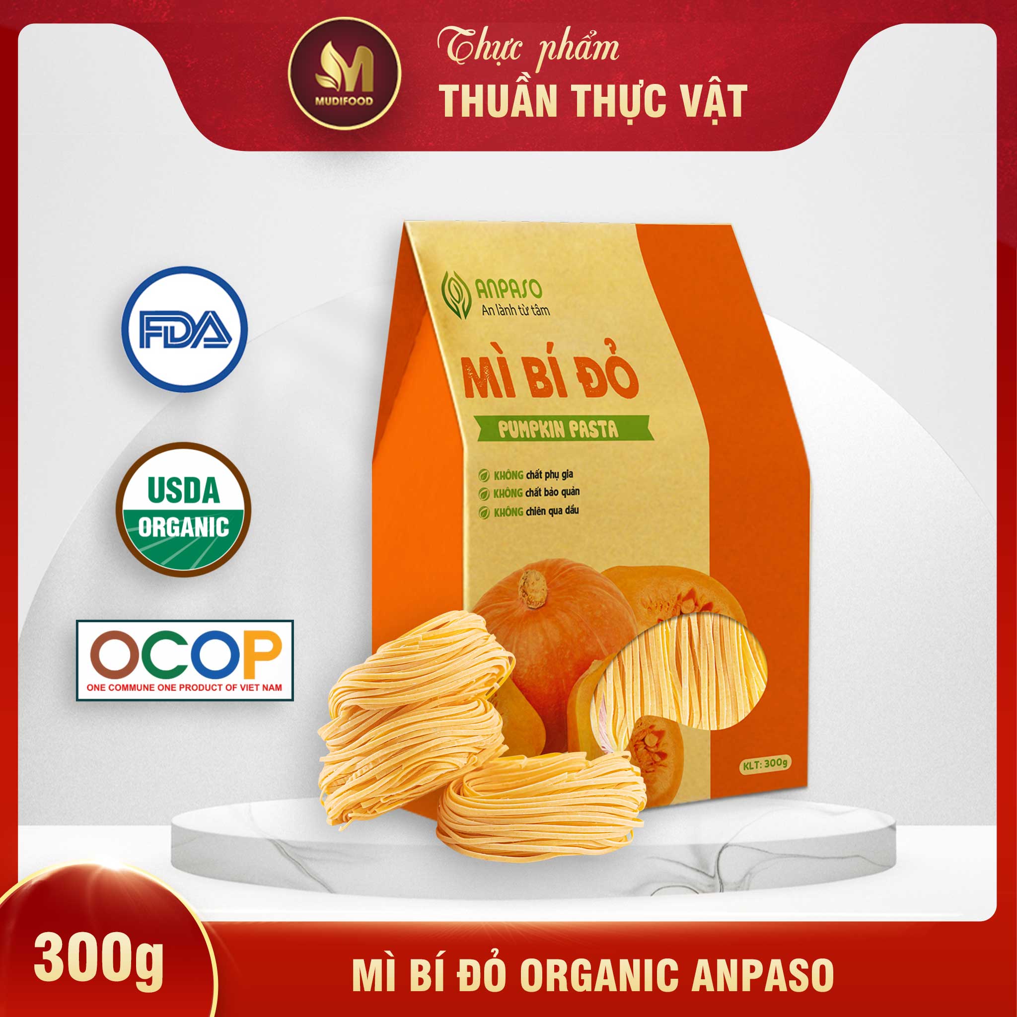 Mì Rau Củ Bí Đỏ Organic Gia Đình Anpaso 300g - Cung Cấp Nhiều Vitamin, Giàu Sắt, Protein Thực Vật, Chất Xơ, Tốt Cho Sức Khỏe, Tăng Cường Hệ Miễn Dịch, Hỗ Trợ Tiêu Hóa - Người Tập Gym và Yoga, Ăn Kiêng, Ăn Chay, Giảm Cân, Eat Clean