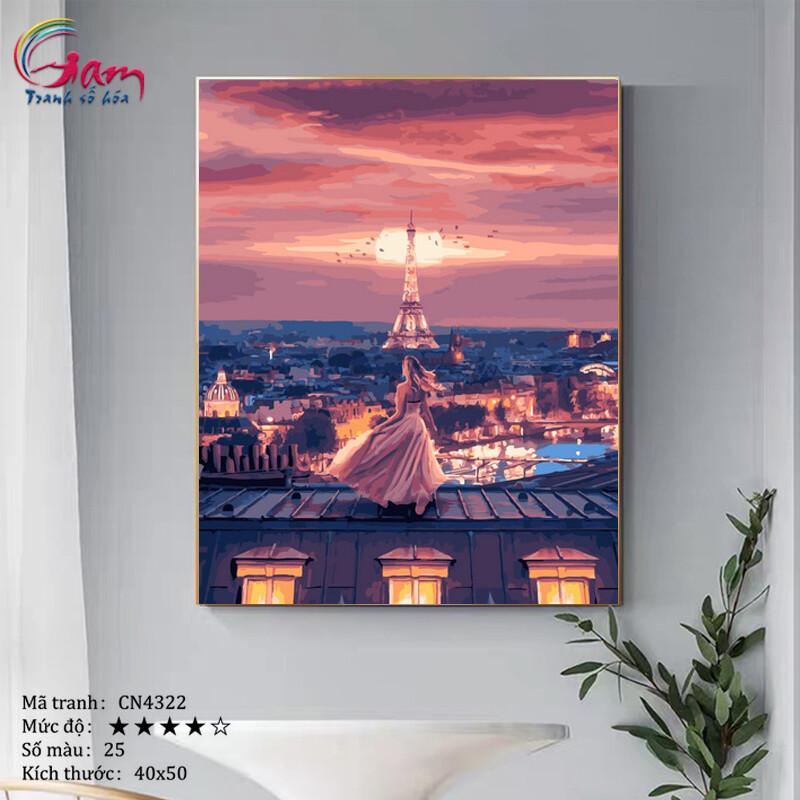 Trang trang trí sơn dầu tự tô Gam cô gái bên tháp Eiffel CN4322