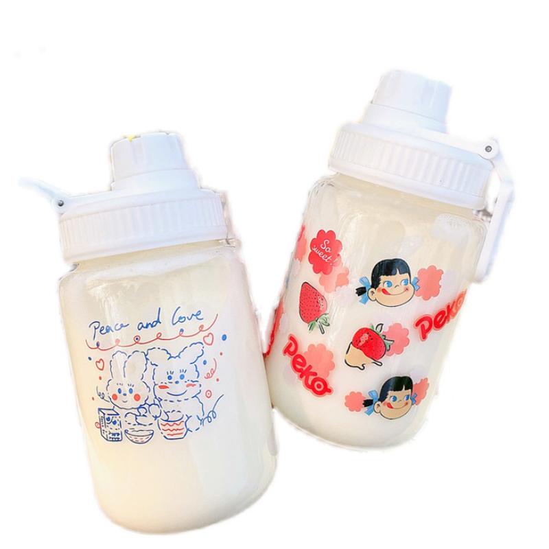 Dễ Thương Dâu Tây Bình Nước Thủy Tinh Có Ống Hút Di Động Chống Rò Rỉ Dành Cho Trẻ Em Chai Cho Trường Uống Rõ Ràng Sữa Sippy Cup