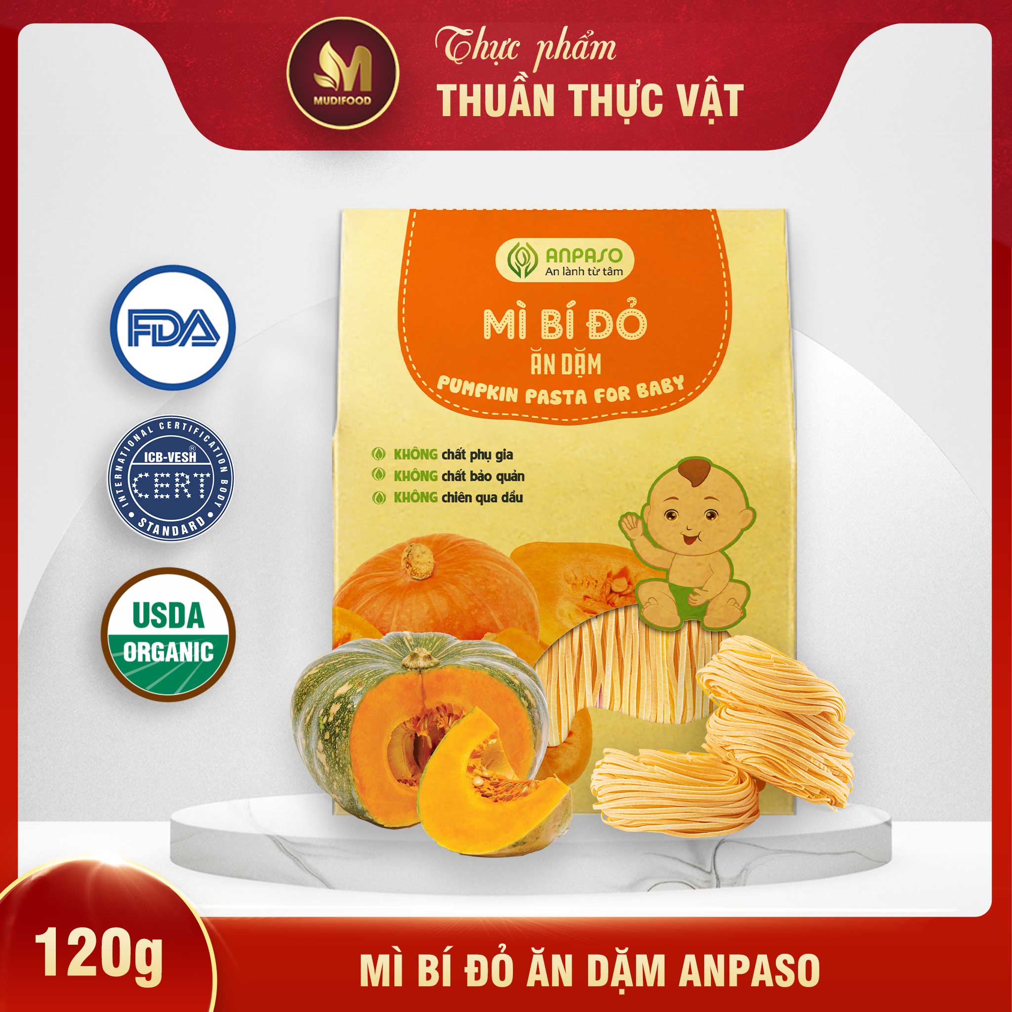 Mì Rau Củ Bí Đỏ Ăn Dặm Organic Anpaso Cho Bé Từ 6 Tháng Tuổi 120g/ 300g - Bổ Sung Chất Xơ, Giàu Sắt và Các Vitamin C, Nhóm B, A, Cải Thiện Hệ Tiêu Hóa, Tốt Cho Sức Khỏe Của Bé