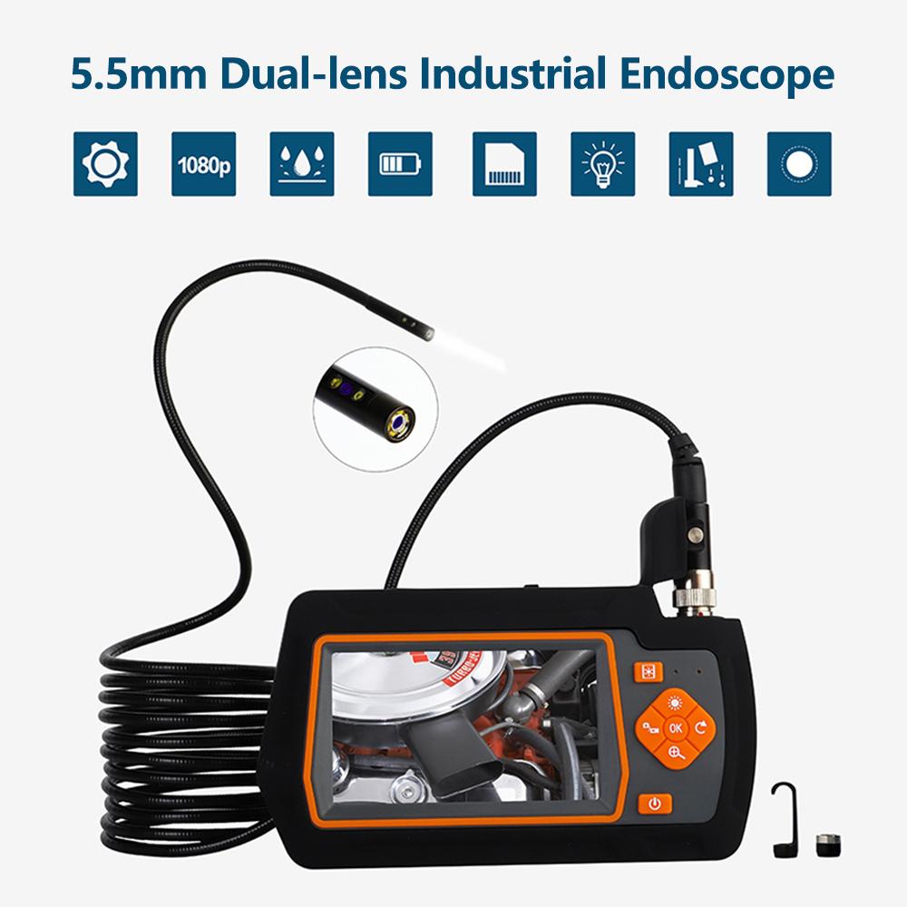 5.5mm Dual-lens Industrial Endoscopes with 4.3 Inch IPS Screen 1080P High Definition Borescope Inspection Camera with 6