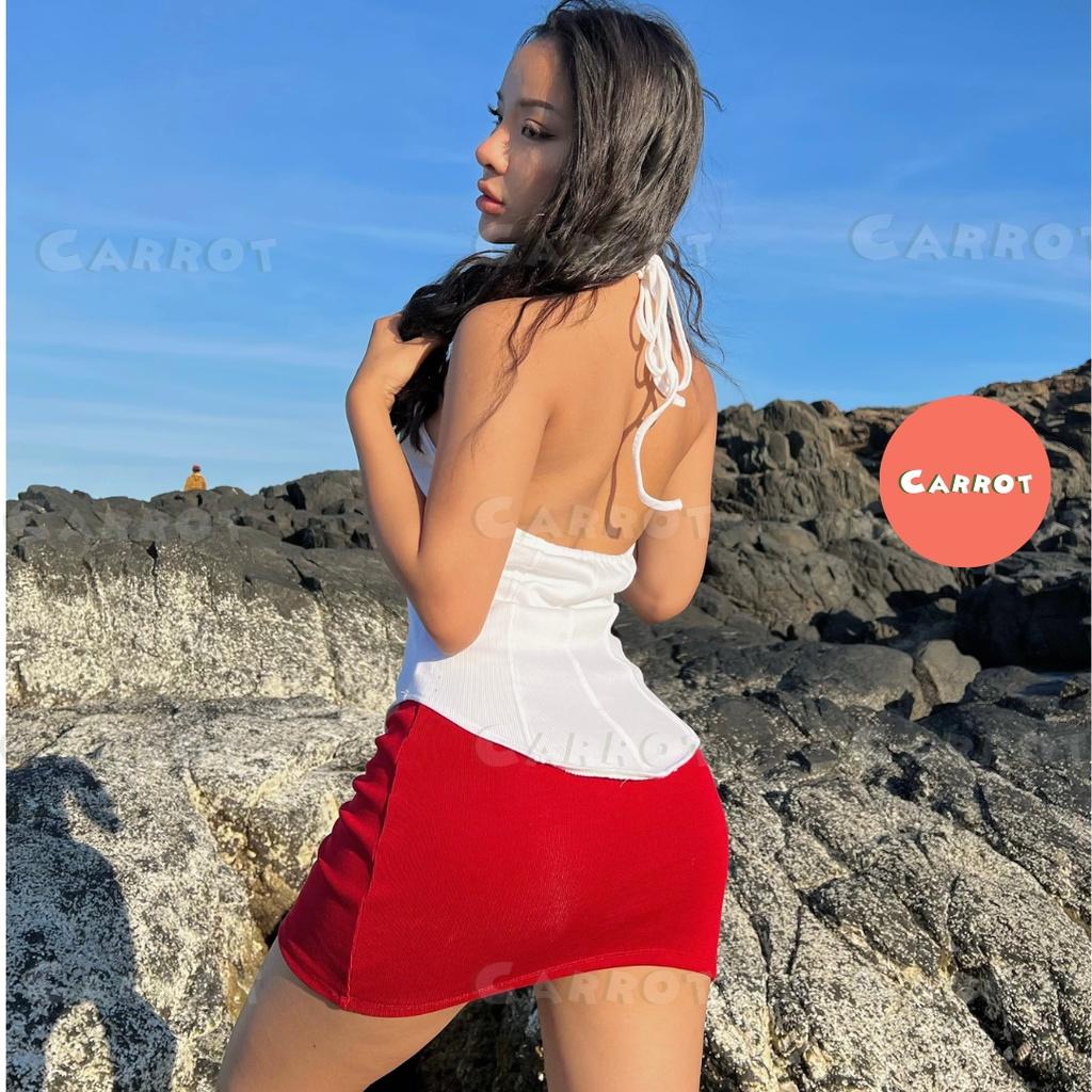 Áo croptop thiết kế khoét ngực tôn dáng chân váy ngắn ôm body cột đi biển đi du lịch carrotxinhdep chất cao cấp co giãn
