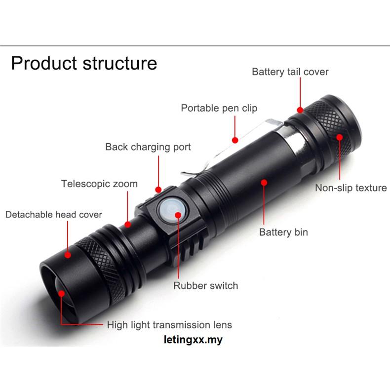 Đèn Pin Led T6 18650 Sạc Usb Tiện Dụng Cho Hoạt Động Ngoài Trời