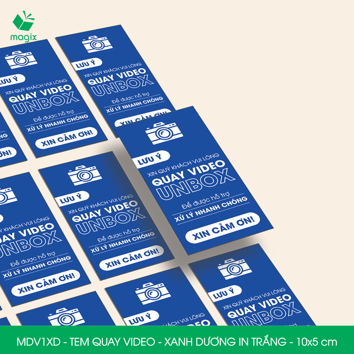 500 Tem chú ý quay video trước khi mở hàng, decal dán hộp - 10x5 cm - Xanh dương in trắng - MDV1XD